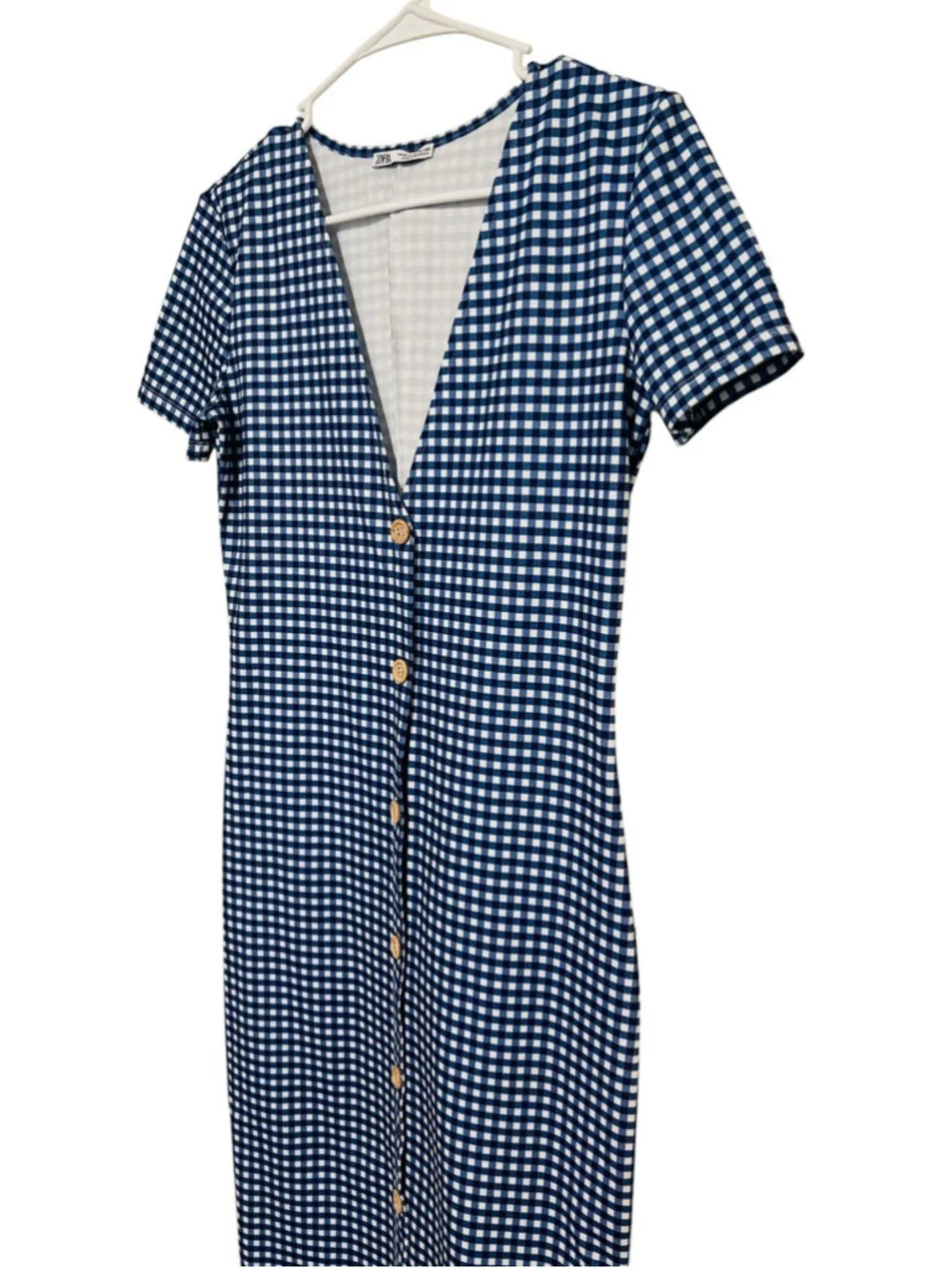 Zara Gingham Checked Dress Womens Medium Blue White Midi Stretch Summer Vacation - Picture 3 of 7